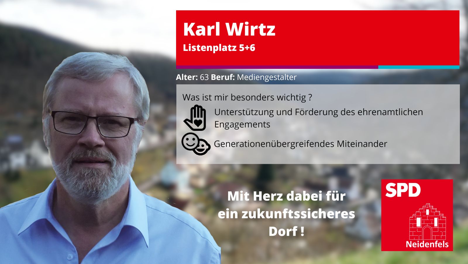 Kandidat Karl Wirtz, Alter: 63 Beruf: Mediengestalter. Besonders wichtig: ehrenamtlichen Engagment, generationenübergreifendes miteinander