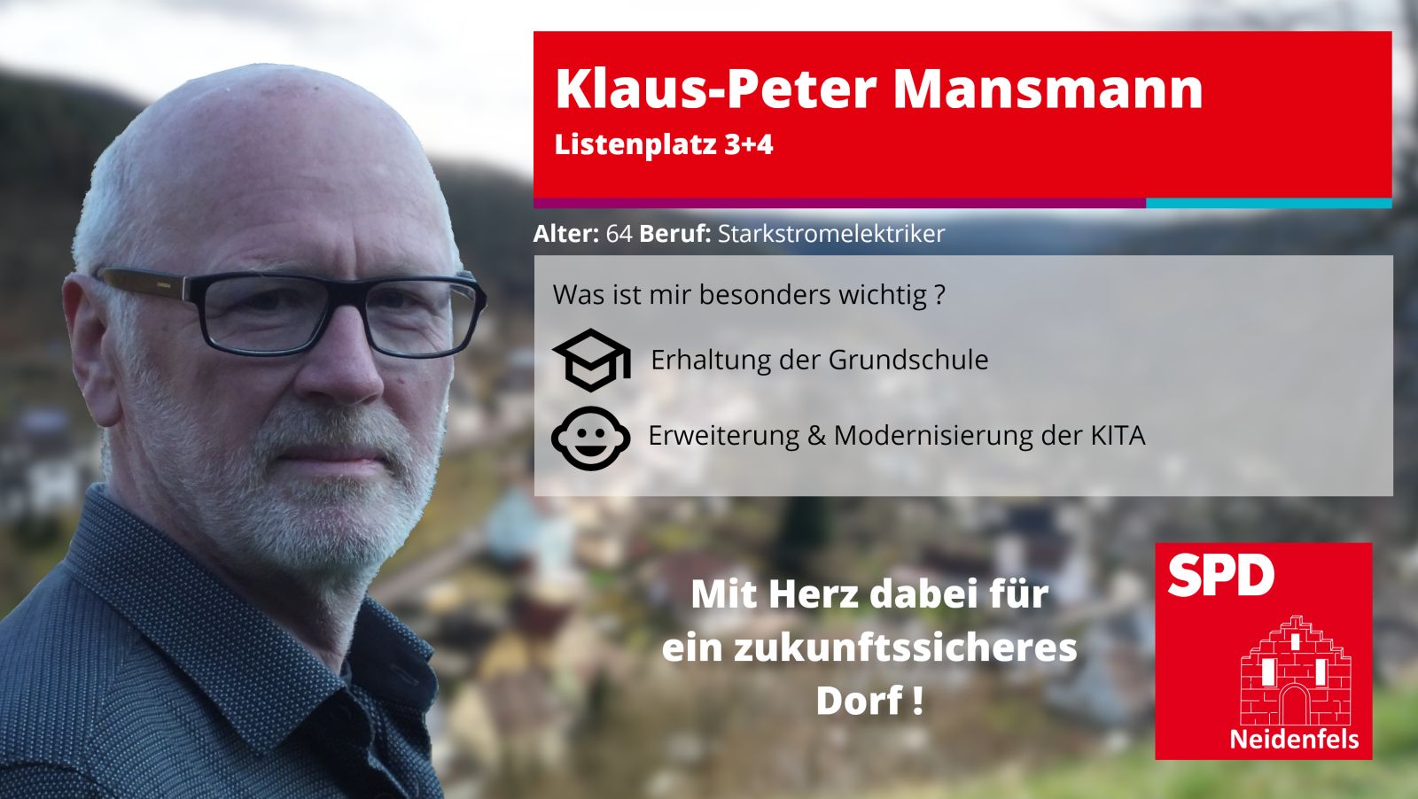 Kanididat Klaus-Peter Mansmann Alter: 64 Beruf: Starkstromelektriker Besonders wichtig: KITA & Grundschule